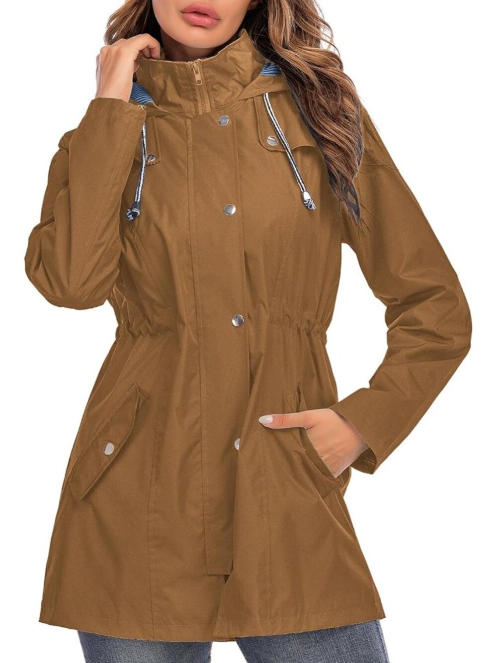 Womens Coffee Hooded Striped Lined Waterproof Active Hiking Packable Rain Jacket